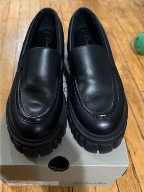 Clarks Women’s Black Leather Lug Sole Loafers